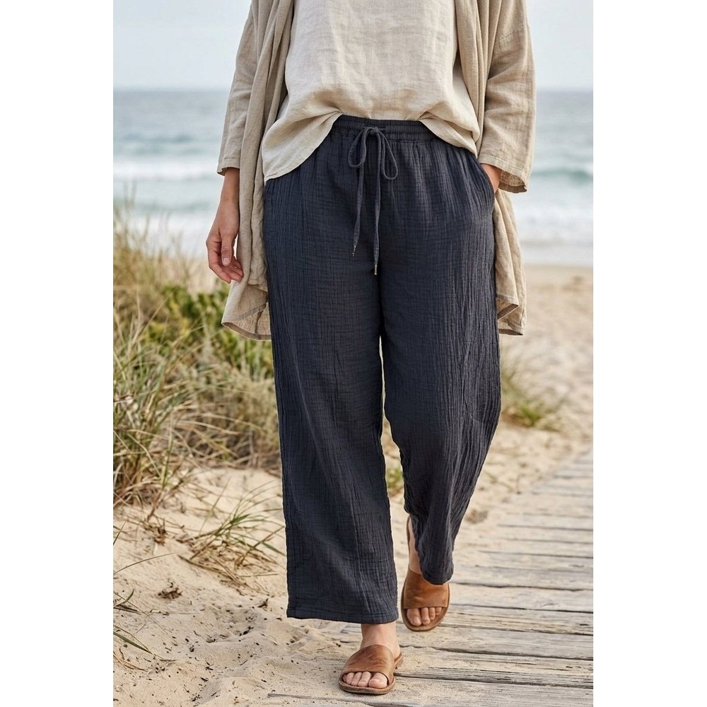 Quince Organic Cotton Gauze Straight Leg Pants Women XL (39x26) Navy Drawstring